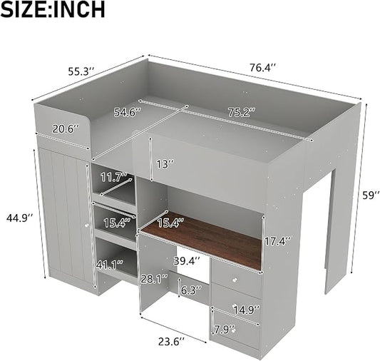 Ball & Cast Twin Size House Shape Loft Bed with Ladder & Safety Guardrail,Wooden Platform Bedframe W/Wardrobe & Under-Bed Play Space,Space-Saving,No Box Spring Needed,for Boy Girl Teens Bedroom,Grey