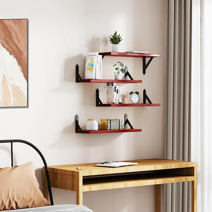 ROMGUAR CRAFT Wood Floating Shelves Set of 4, Rustic Storage Decor Wall Shelves, Wall Mounted Shelf for Living Room, Bedroom 17" x 6", Red