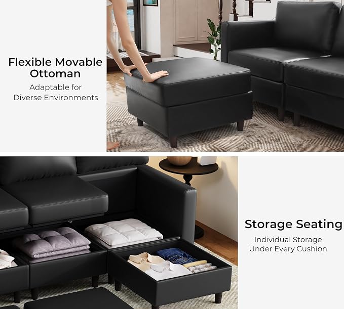 ABCASA 91.5" Faux Leather Luxury Modular Sleeper Sofa Bed with Storage Seat, 6 Seat Sectional Couch Deep Seat with Reversible Chaises & Removable Cover for Living Room - Black