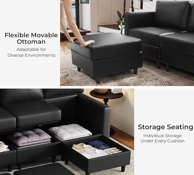 ABCASA Faux Leather Sectional, Modular Sectional Sofa with Storage Seats, 6 Seat Faux Leather Modular L Shaped Couches with Movable Ottoman for Living Room,Black