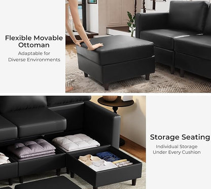 ABCASA Faux Leather Sectional, Modular Sectional Sofa with Storage Seats, 6 Seat Faux Leather Modular L Shaped Couches with Movable Ottoman for Living Room,Black