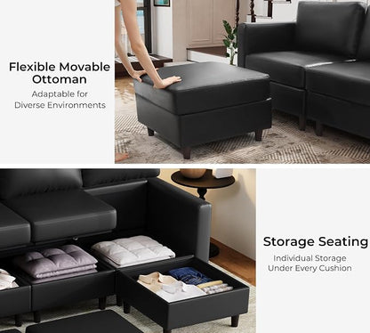 ABCASA Faux Leather U Shaped Modular Sectional Sofa 91.5", 5 Seater Couch with Movable Ottoman Deep Seat and Storage Seat with Removable Cover for Living Room, Apartment - Black
