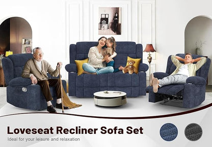 Loveseat Recliner Sofa Set with 2+1+1 Pieces, 2 Seater Minimalist Style Fabric Manual Pull Tab Reclining Loveseat with USB Charge Ports, Cup Holders, Recliner Couches for Living Room, RV, Blue