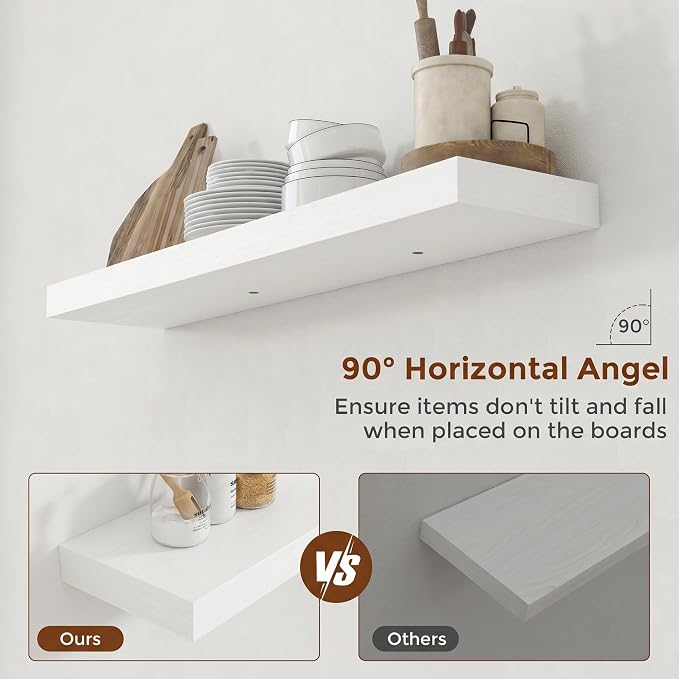 Heimlove 40 Inch Floating Shelves for Wall 8 Inch Deep White Shelves Set of 2,Wall Mounted Rustic Wood Long Floating Shelf with Invisible Brackets for Bedroom Kitchen Living Room