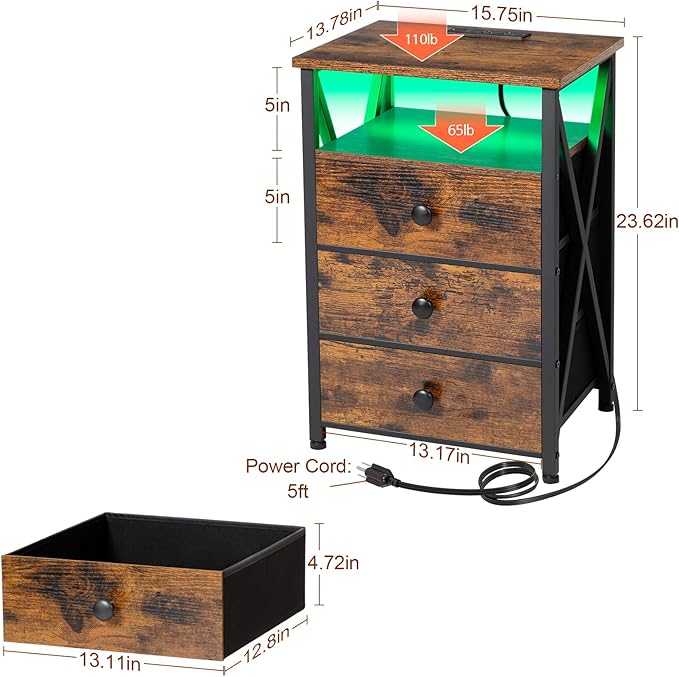 AMHANCIBLE Nightstands Set of 2, LED Night Stand with Charging Station, End Side Tables with USB Port & Outlet, Bedside Tables with 3 Fabric Drawers for Bedroom, Rustic Brown HET053LBR