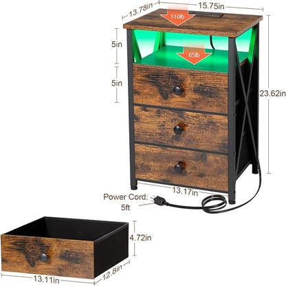 AMHANCIBLE Nightstands Set of 2, LED Night Stand with Charging Station, End Side Tables with USB Port & Outlet, Bedside Tables with 3 Fabric Drawers for Bedroom, Rustic Brown HET053LBR
