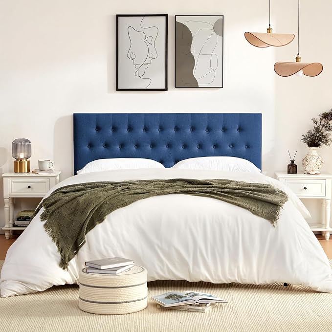 Tufted Upholstered Headboard King Size, Adjustable Height 37- 51 in, Blue | Sturdy and Durable Solid Wood Bed Headboard, Fabric King Headboard Only, Modern Button Diamond Design Head Board