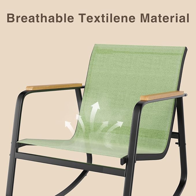 Ahomly 3 Pieces Patio Furniture Set Textilene Fabric Outdoor Patio Rocking Bistro Set with Wooden Armrests and Coffee Table for Lawn, Porch, Balcony, Poolside, Green