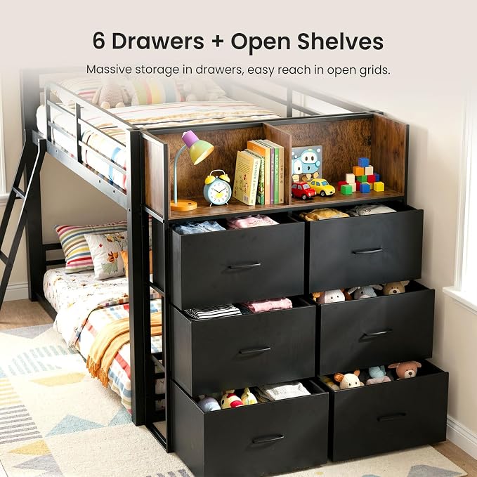 Mixcous Twin Over Twin Metal Loft Bed, Low Bunk Bed with Reversible Storage Dresser, Kids Teens Floor Bunk Bed with Drawers, Full-Length Guardrails, No Box Spring Needed, Black | 6 Drawers