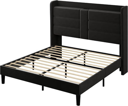 Allewie Queen Size Platform Bed Frame with Charging Station & Storage Headboard, Upholstered Velvet Wingback Design & USB Port, Strong Wooden Slats Support, No Box Spring Needed, Easy Assembly, Black