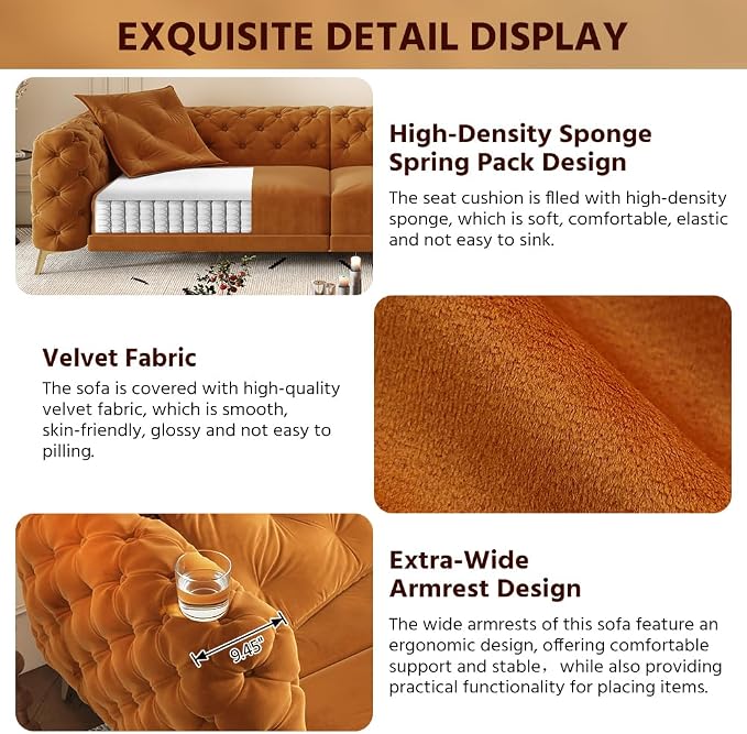 97.7'' Pull Out Sofa Bed King, Chesterfield Velvet Sleeper Sofa, Convertible L-Shaped Futon Couch, Tufted Back, Ottoman, Deep Seat Loveseat Couches for Living Room, Apartment, Orange