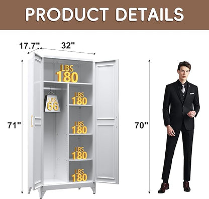 SteeLoong Metal Wardrobe Closet,71" H Wardrobe Cabinet with 2 Doors,White Clothing Storage Cabinets with Hanging Rod and 3 Adjustable Shelves,Armoire Wardrobe Closet for Home Office,School,Gym