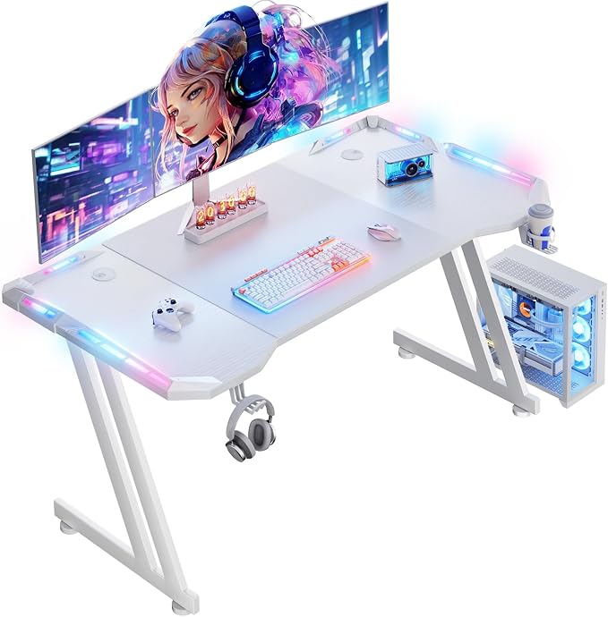 HLDIRECT 55 Inch Gaming Desk with LED Lights Carbon Fibre Surface Gaming Table Large Computer Desk Ergonomic Home Office Desks Z Shaped PC Gamer Workstations with Cup Holder & Headphone Hook White