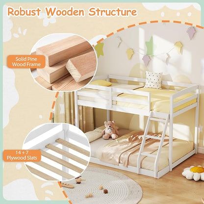 KOMFOTT Low Bunk Bed Twin Over Full, Solid Wood Twin Bed Frame with Built-in Ladder & Safety Guardrails, Space-Saving Low Bunk Bed for Kids, Teens, No Box Spring Needed