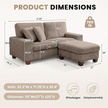 DOPEDIO L-Shaped Sectional Sofa with Storage Ottoman, Modern Chenille Recliner Loveseat, Removable Couch Covers, Pocket Spring Cushions, Solid Wood Frame, Easy to Install (71.25inch, Brown)