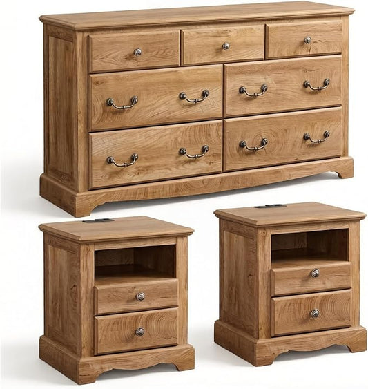 T4TREAM Farmhouse Dressers & Night Stand Set of 3, 54" Wide 7 Drawer Dresser & 18" Wide 2 Drawers Side Table Set of 2, Furniture Dresser Sets for Home, Light Knotty Oak