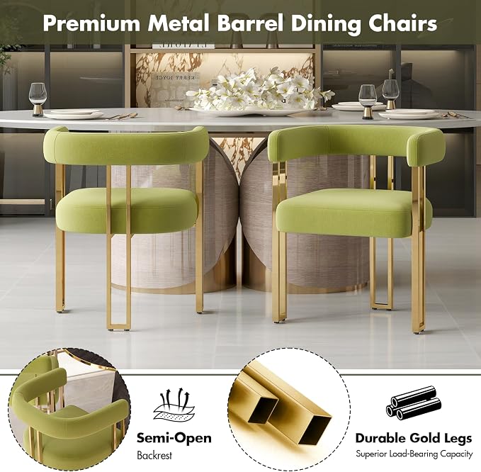 Hyfirm Green and Gold Modern Dining Chairs Set of 4, Velvet Upholstered Barrel Armchairs with Metal Legs for Kitchen Island, Mid Century Accent Chairs for Dining Room Living Room, Open-Back