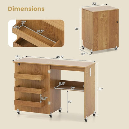 Giantex Folding Sewing Table with Charging Station, Rolling Craft Table with Storage Trays & Shelf, Foldable Sewing Machine Cabinet Desk with Lockable Wheels for Small Spaces (Natural)