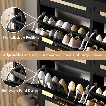 HOKYHOKY Large Rattan Shoe Storage Cabinet with 4 Flip Drawers & 2 Storage Drawers – Hidden Slim Shoe Organizer for Entryway, Large Tabletop Space, Farmhouse Boho Narrow Shoe Rack, Rustic Black