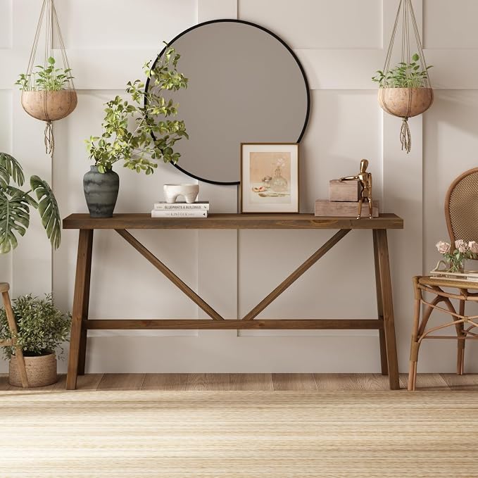 Wnutrees 63" Farmhouse Solid Wood Console Tables, Rustic Hallway Table, Solid Firwood Sofa Table for Entryway, Living Room, Easy Assembly, Natural
