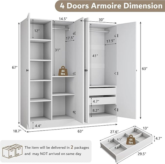 iPormis 4 Doors Armoire Wardrobe Closet with 2 Drawers, 63" Large Wardrobe Cabinet with Removable Hanging Rods and Adjustable Shelves, Closet Storage Cabinet for Bedroom, Cloak Room, White