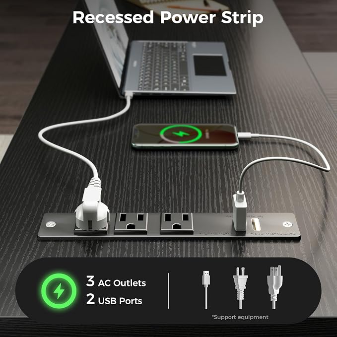 AODK 61" L Shaped Desk with Drawer, Computer Desk with Power Outlets & LED Lights, Reversible Corner Gaming Desk for Home Office Workstation, Office Desk with Monitor Shelf, Pure Black