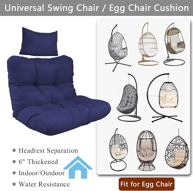 Enipate Outdoor Hanging Egg Chair Cushion, Water-Resistant Tufted Swing Basket Chairs Cushion Pads with Headrest Pillow