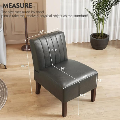 Armless Accent Chairs Upholstered Dining Chairs Living Room Chairs with Solid Wood Legs Leather Reading Chair for Adults Comfy Chair for Bedroom Vanity Kitchen (Grey)