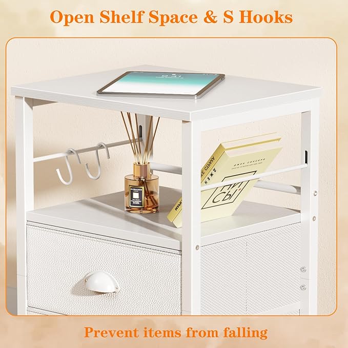 Furologee Nightstand Bedside Table with 2 Fabric Drawers, White Side Table with 2-Tier Shelf, Night Stand with Hooks, for Bedroom, Living Room, Backboard Design, Wooden Top, Metal Frame, White