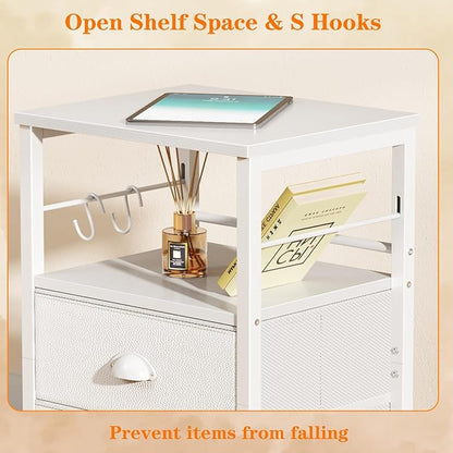 Furologee Nightstand Bedside Table with 2 Fabric Drawers, White Side Table with 2-Tier Shelf, Night Stand with Hooks, for Bedroom, Living Room, Backboard Design, Wooden Top, Metal Frame, White