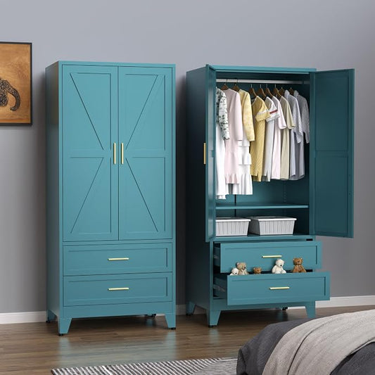 Steel Armoire Wardrobe Closet, 71" Metal Clothing Storage Cabinets with 2 Doors, 2 Drawers and 1 Adjustable Shelf, Blue Wardrobe Cabinet with Hanging Rod for Bedroom, Gym