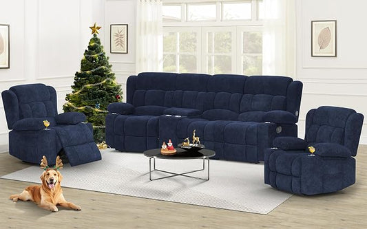 Dresegmt Recliner Sofa Set with Storage Console, Flip Middle Backrest Design 3 Seater Reclining Sofa and 2PC Single Recliner Chair, Manual Couches for Living Room (Blue, 3 Seat+Console+1+1)
