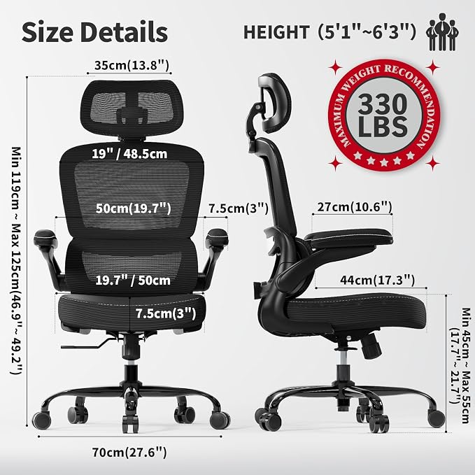 TRALT Ergonomic Office Chair - Desk Chair with Adjustable Headrest Lumbar Support Computer Chair - Mesh Comfy Chair with Flip-up Armrests - Gaming Chair for Adults Home Office PU, Black, Pack of 8