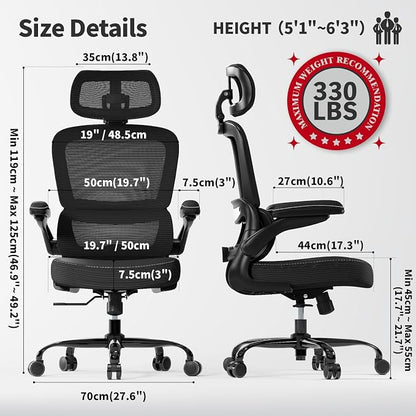 TRALT Ergonomic Office Chair - Desk Chair with Adjustable Headrest Lumbar Support Computer Chair - Mesh Comfy Chair with Flip-up Armrests - Gaming Chair for Adults Home Office PU, Black, Pack of 4