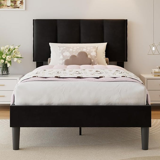 VECELO Twin Size Bed Frame with Upholstered Headboard, Heavy-Duty Bedframe with Wooden Slats & Steel Framework, Easy Assembly, Velvet & Black