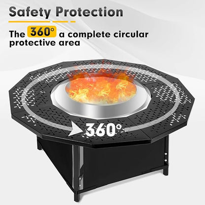 44 Inch Fire Pit Surround Tabletop for Solo Stove Bonfire up to 23.5" and Most Wood Burning Fire Pits, 24.5 in Inner, Coated Metal Outdoor Fire Pit Table with 360° Safety Barrier