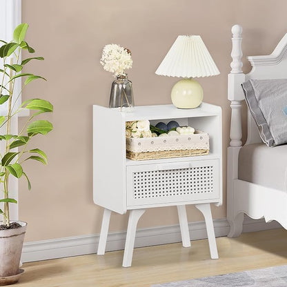 Lerliuo Rattan Nightstand, Side Table with Drawer Open Shelf, Cane Accent Bedside End Table with Solid Wood Legs, Mid Century Modern Night Stand for Bedroom, Dorm and Small Spaces (White)