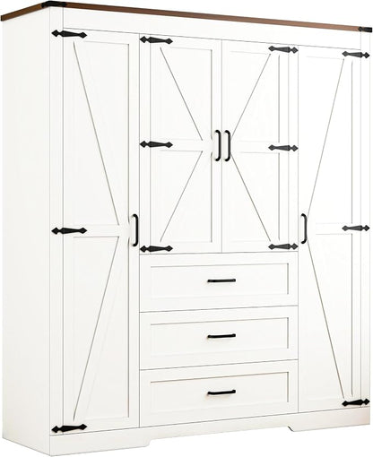 4 Door Armoire Wardrobe Closet Cabinet with 3 Drawers and Drawers, Farmhouse Bedroom Armoire with Hanging Rod and Adjustable Shelves, Large Capacity Storage Wardrobe Armoire for Bedroom, White