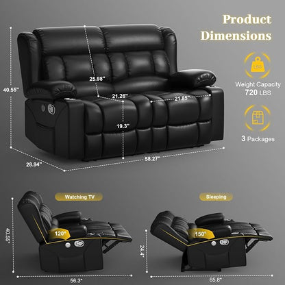 Loveseat Recliner Sofa Set with 2+1+1 Pieces, 2 Seater Minimalist Style Manual Pull Tab Reclining Loveseat with USB Charge Ports, Cup Holders, Recliner Couches for Living Room, RV, Black