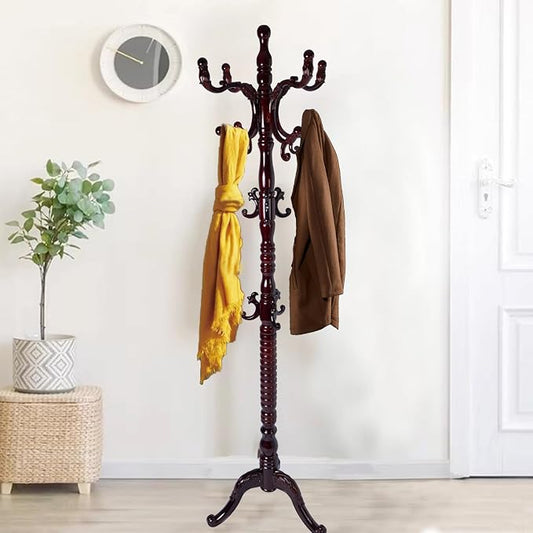Wooden Coat Rack Freestanding, Hall Tree Hanger With Resin Hooks, Adjustable Heavy Duty Coat Rack for Hanging Clothes Bags Hats in Living Room Bedroom (coat rack, 3 Prong Legs-Rosewood Color)