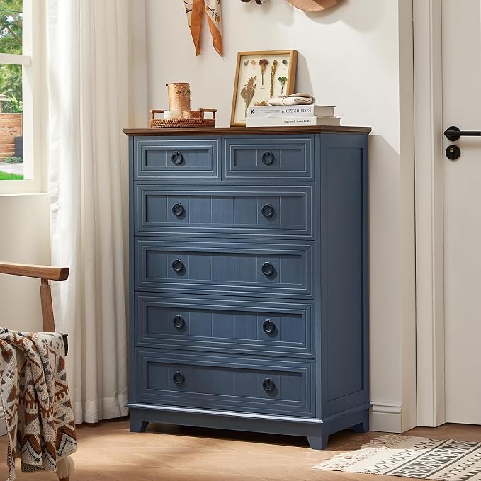 Joaxswe Farmhouse 6 Drawer Dresser for Bedroom, 41" Tall Small Dressers & Chest of Drawers, Rustic Wood Dresser with Metal Handle, Storage Organizer Closet for Living Room, Hallway, Entryway