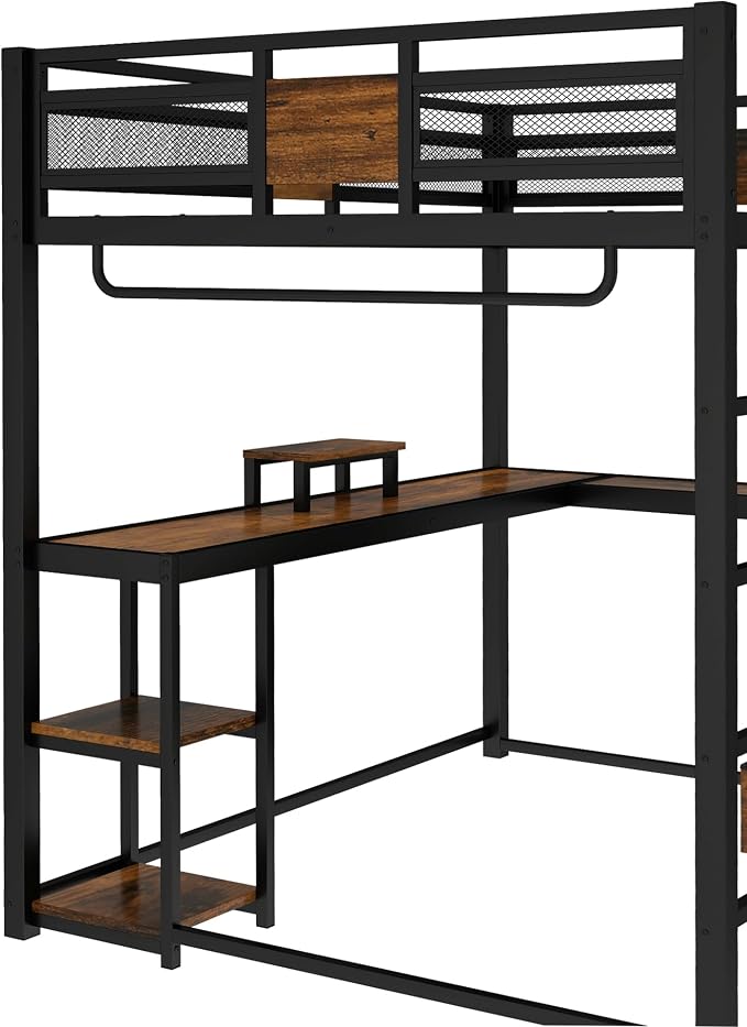 Bellemave Queen Loft Bed with Desk & Storage Fabric Drawers & Shelves, Heavy Duty Metal Frame Loft Bed for Adults & Teens, Space Saving Bed for Apartments & Dorm, No Box Spring Needed, Black