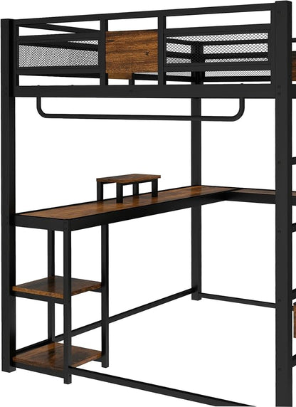 Bellemave Queen Loft Bed with Desk & Storage Fabric Drawers & Shelves, Heavy Duty Metal Frame Loft Bed for Adults & Teens, Space Saving Bed for Apartments & Dorm, No Box Spring Needed, Black