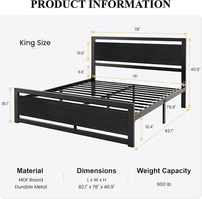 SHA CERLIN Heavy Duty King Size Bed Frame with Modern Headboard, Black | Platform Metal Base with Footboard and 13 Slats Support, No Box Spring Needed