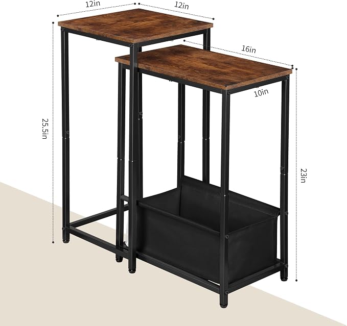 Nesting Nesting End Tables Set of 2, Stacking Side Table with Fabric Storage Basket, Small Nightstand for Small Space, Living Room, Bedroom