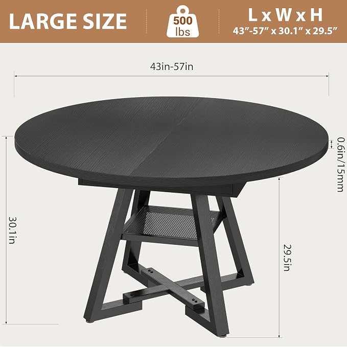 Expandable Kitchen Dining Table for 4-6, Oval Round Dining Table with Storage Shelf and Removable Extension Leaf, Space Saving Pedestal Table for Dining Room, Modern Industrial Style (Black)