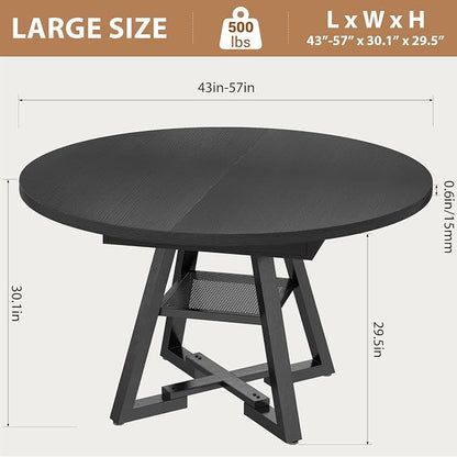 Expandable Kitchen Dining Table for 4-6, Oval Round Dining Table with Storage Shelf and Removable Extension Leaf, Space Saving Pedestal Table for Dining Room, Modern Industrial Style (Black)