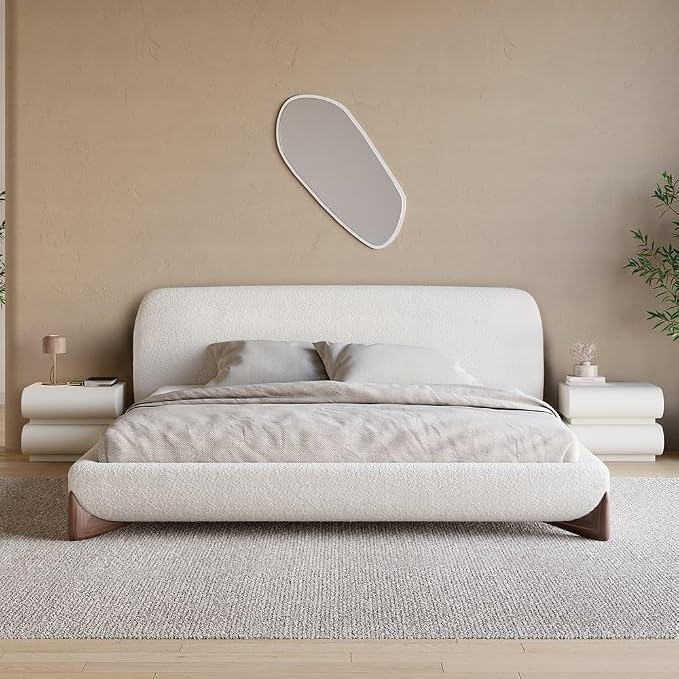 homary Queen Size Upholstered Bed with 2 Two-Drawer Nightstands – Modern Bedroom Set with Wireless Charging, USB Ports, Faux Leather & Bouclé Upholstered Bed Frame with Headboard