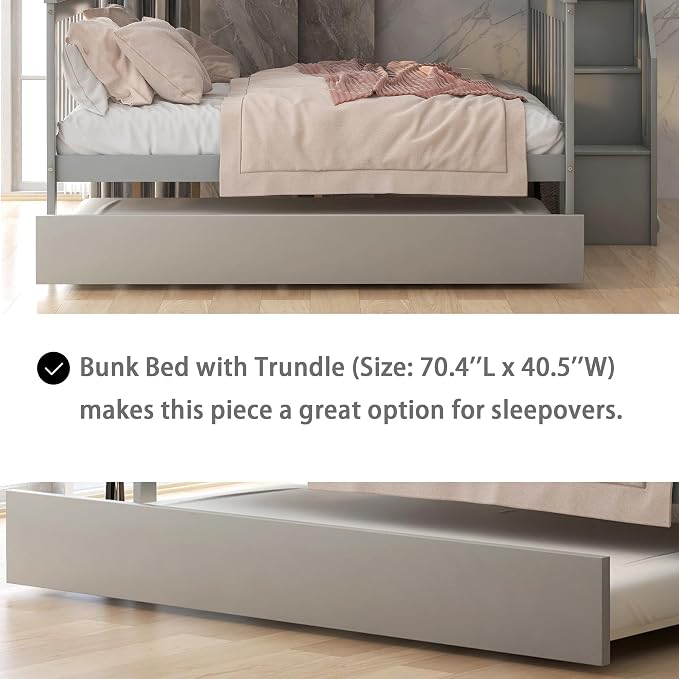MERITLINE Twin Over Full Bunk Bed with Trundle, Storage Staircase,Solid Wood Bunk Bed with Storage Stairs Box and Guardrail, No Spring Box Needed (Grey)