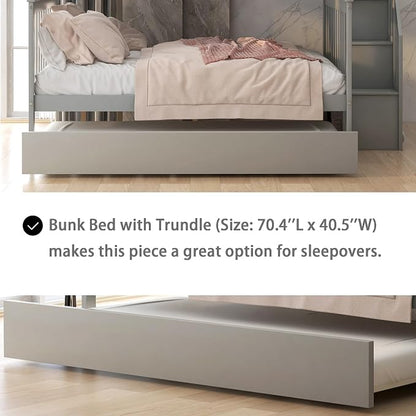 MERITLINE Twin Over Full Bunk Bed with Trundle, Storage Staircase,Solid Wood Bunk Bed with Storage Stairs Box and Guardrail, No Spring Box Needed (Grey)